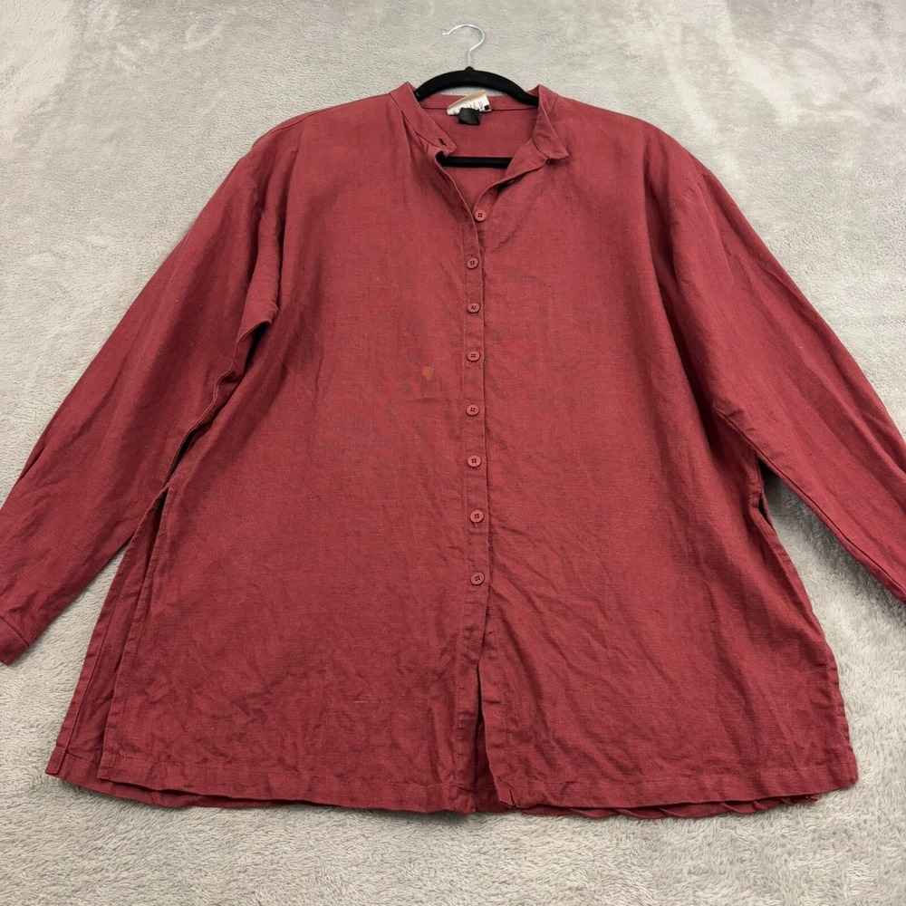 VTG Eileen Fisher Irish Linen Stand Collar Mandarin Shirt Womens S‎ Burnt Red